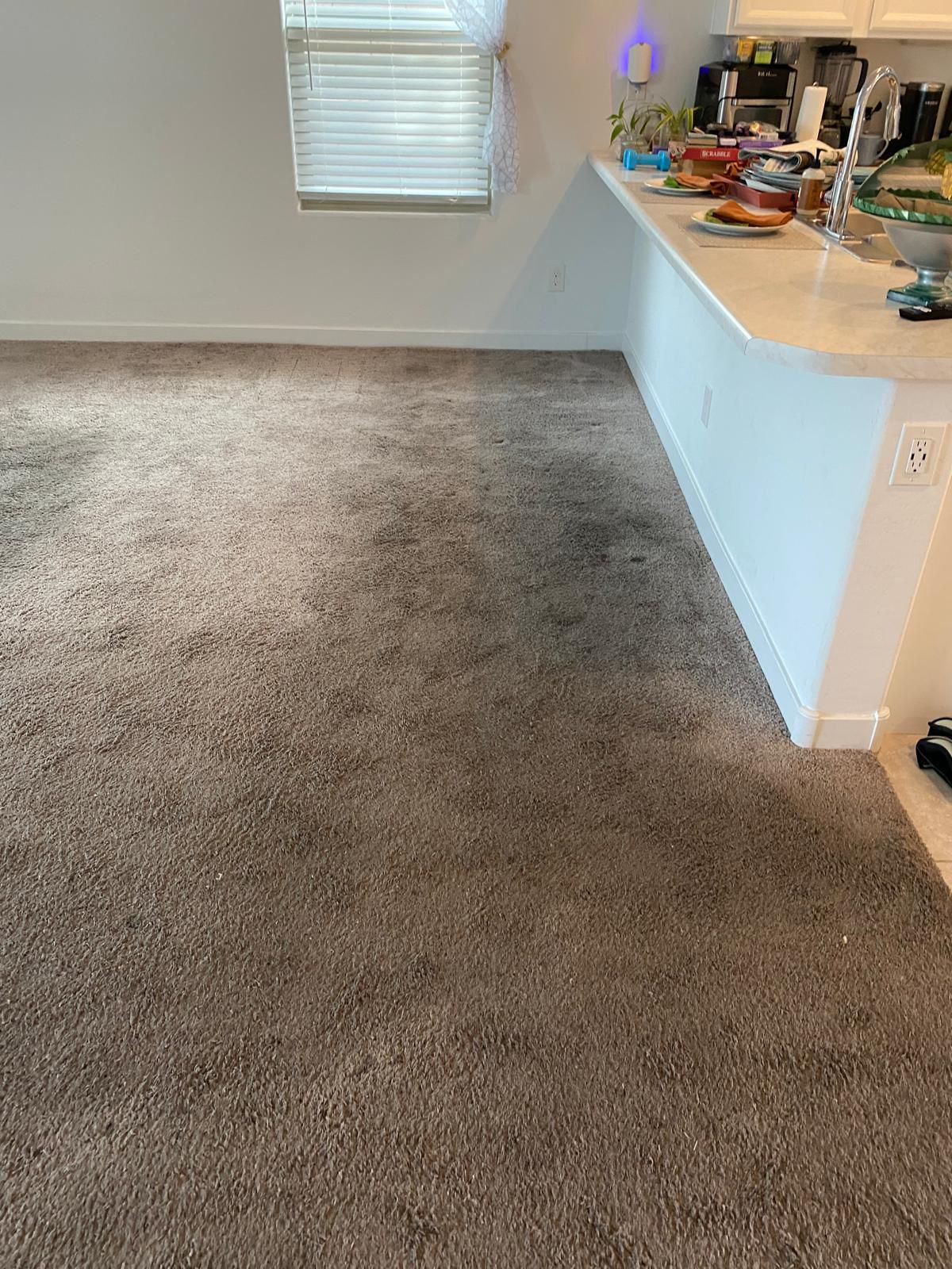 Before: worn carpet in living room